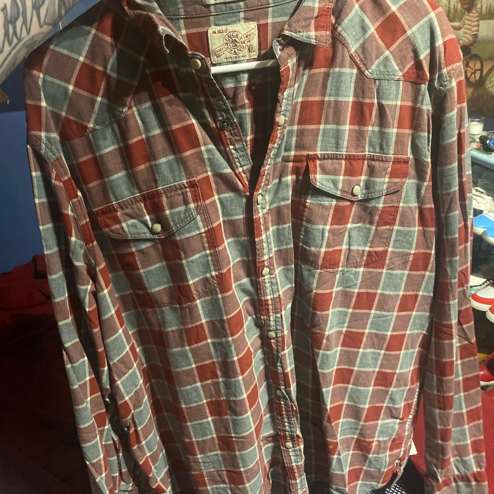 Lucky Brand Red and Gray Plaid Button-Up Shirt